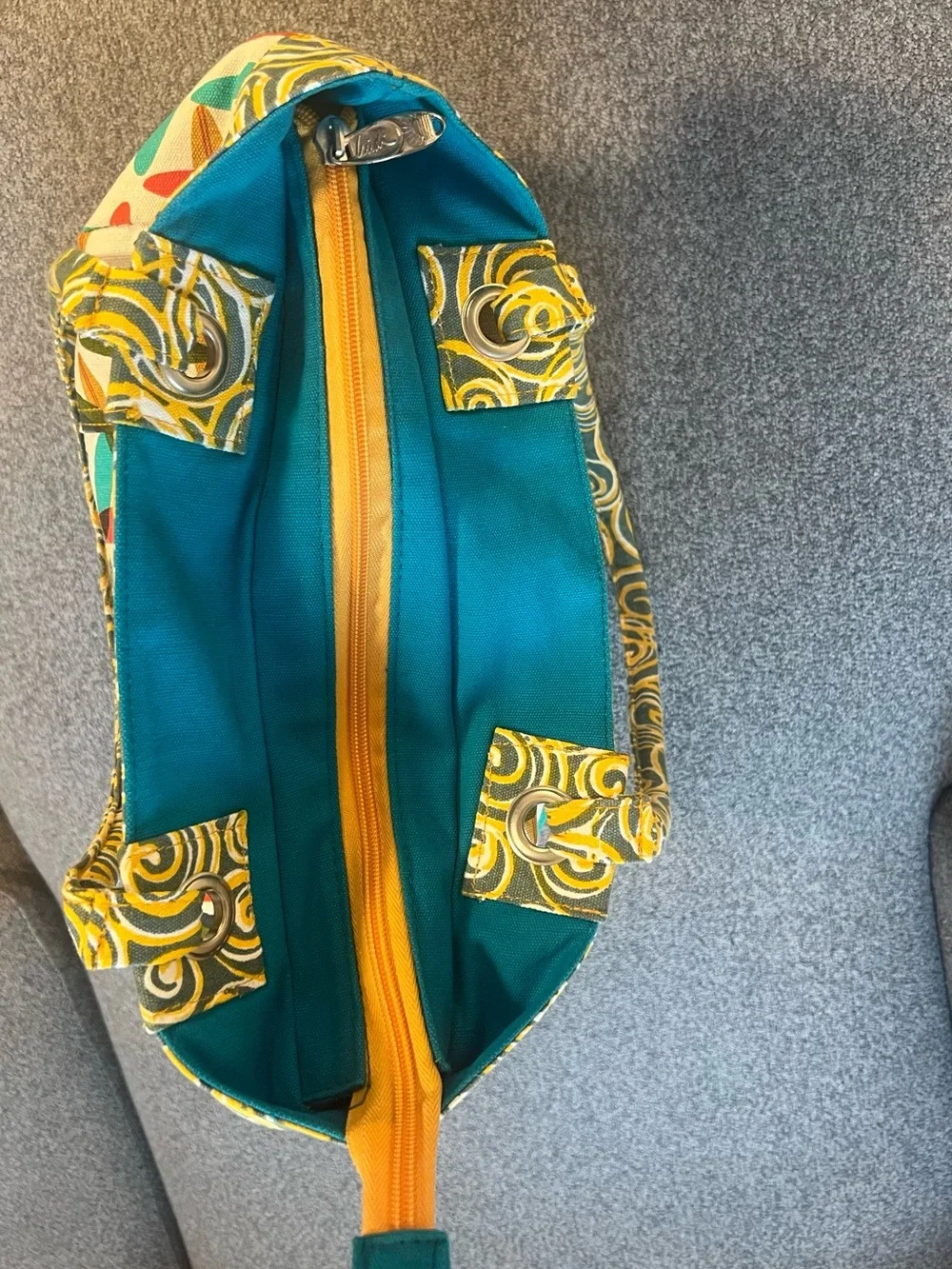 Canvas Heidi dobroll Tote Bag in Cream with Teal, Red & Mustard Accents